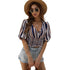 Striped Waist Slim Slimming Short-Sleeved V-Neck Blouse
